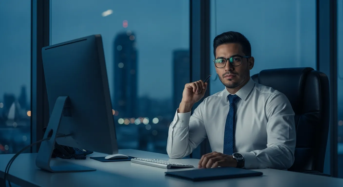 A man sitting with persistent anxiety after the workday has ended.