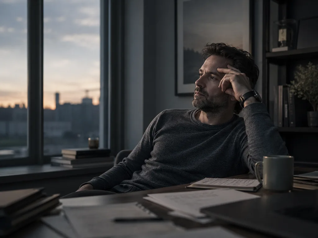 Adult man sitting at home after work, still carrying the day's pressure.