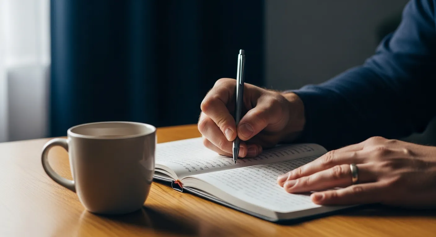 Adult man sitting at a kitchen table with coffee and a notebook while thinking about making a change.