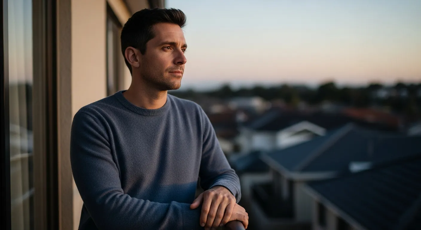 Adult man standing on a balcony at dusk, quietly carrying pressure he has not named.