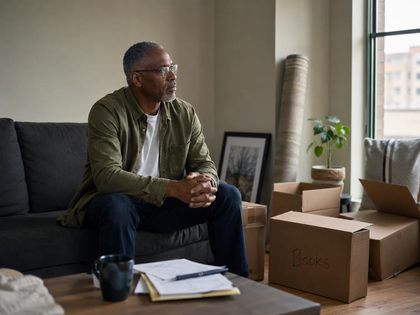 Adult man sitting in a new apartment with moving boxes while facing a major life transition.